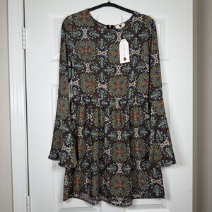One Clothing Geo Flowers Dark Tones Bell Sleeves Zipper Back Dress NWT